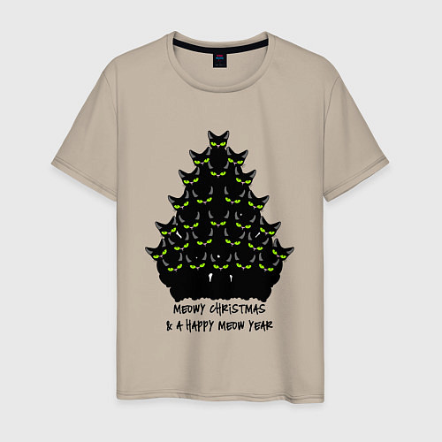 Мужская футболка Новогодняя елка из черных котов / Миндальный – фото 1