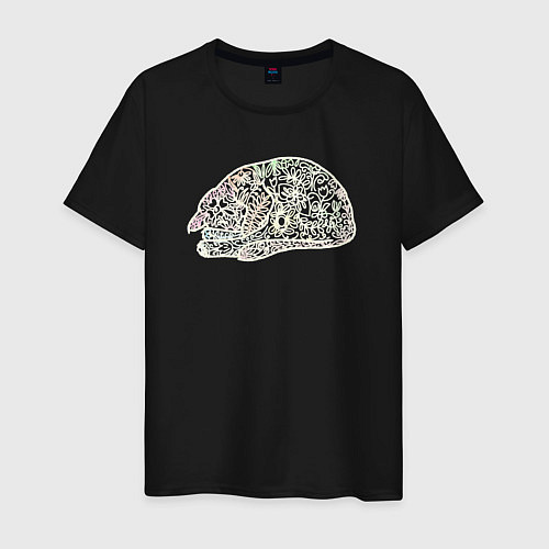 Мужская футболка Спящий котик имитация вышивки / Черный – фото 1