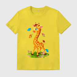 Футболка хлопковая мужская Жираф с бабочками, цвет: желтый