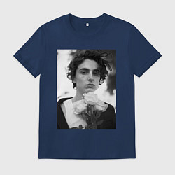 Футболка хлопковая мужская Timothee Chalamet с розами, цвет: тёмно-синий