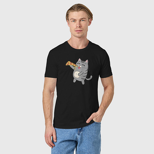Мужская футболка Кот с кусочком пиццы / Черный – фото 3