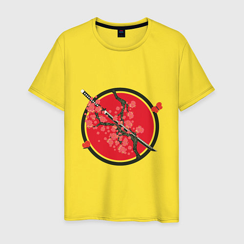 Мужская футболка Японский меч, катана и ветви с красными цветами / Желтый – фото 1