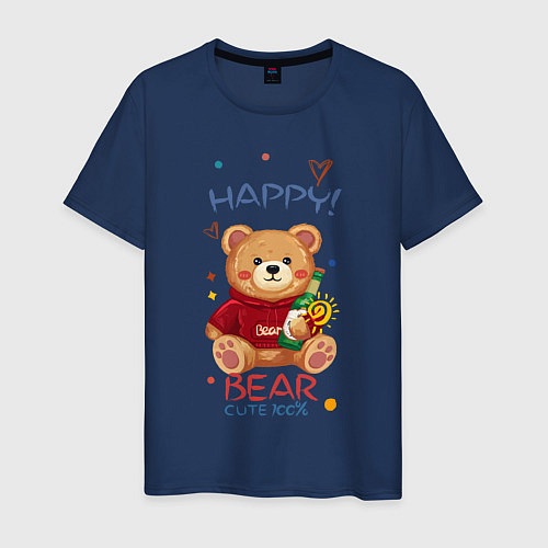 Мужская футболка СЧАСТЛИВЫЙ МИШКА HAPPY BEAR CUTE 100% / Тёмно-синий – фото 1