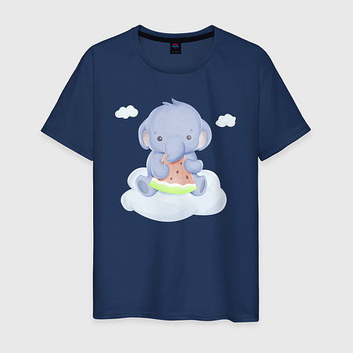 Мужская футболка Милый Слонёнок На Облаке Кушает Арбуз / Тёмно-синий – фото 1