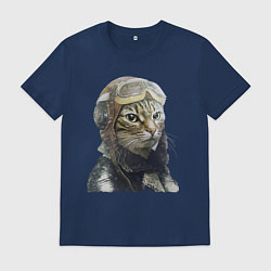 Футболка хлопковая мужская Кот - пилот The pilot Cat, цвет: тёмно-синий