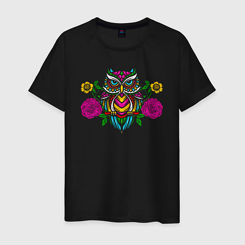 Мужская футболка Красочная цветочная сова / Черный – фото 1