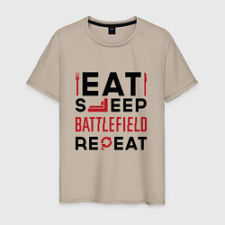 Футболка хлопковая мужская Надпись: Eat Sleep Battlefield Repeat, цвет: миндальный