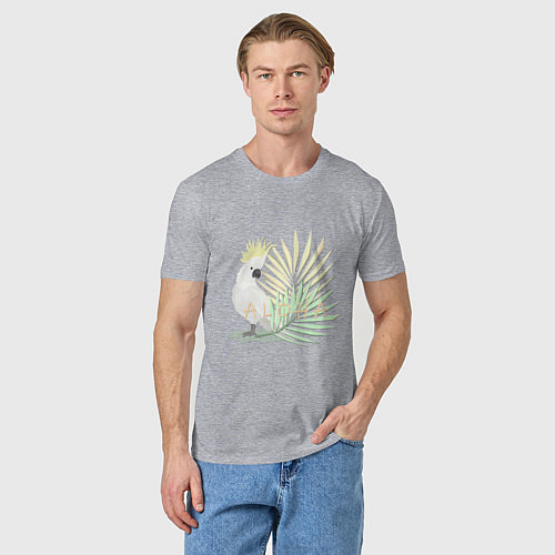 Мужская футболка Белый попугай с хохолком на фоне листьев пальмы / Меланж – фото 3