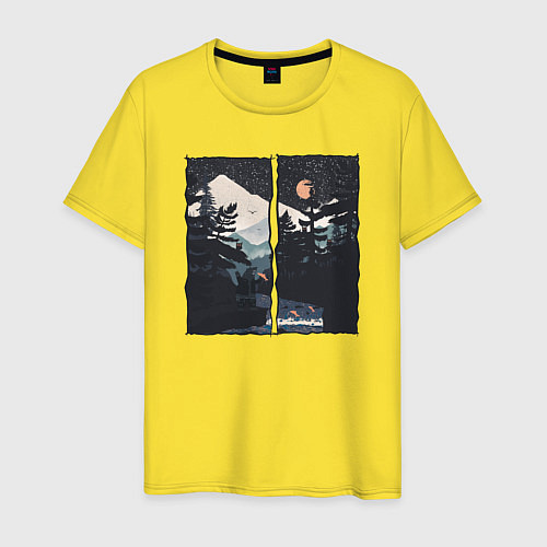 Мужская футболка Оранжевая луна и медведь рыбак / Желтый – фото 1