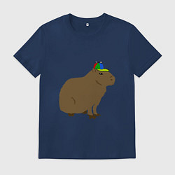 Футболка хлопковая мужская Капибара с кепкой-пропеллером, цвет: тёмно-синий