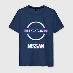 Футболка хлопковая мужская Значок Nissan в стиле glitch, цвет: тёмно-синий