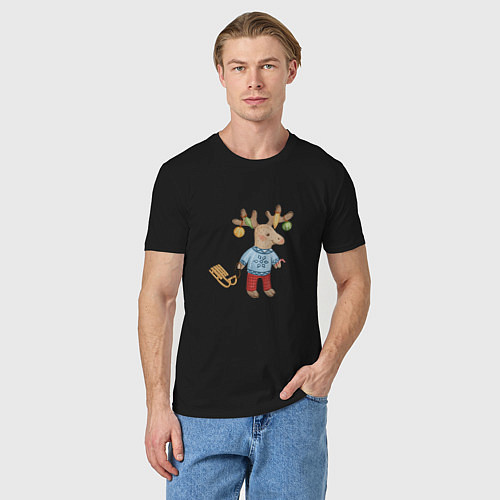 Мужская футболка Рождественский олень с санями / Черный – фото 3