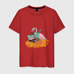 Футболка хлопковая мужская Осенний фламинго с ноутбуком, мечты о лете, цвет: красный