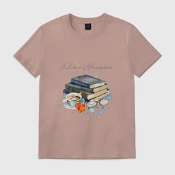 Футболка хлопковая мужская Autumn atmosphere with books and coffee, цвет: пыльно-розовый