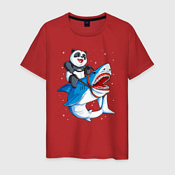 Футболка хлопковая мужская Панда верхом на акуле в космосе, цвет: красный