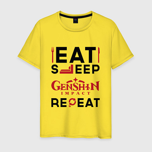 Мужская футболка Надпись: eat sleep Genshin Impact repeat / Желтый – фото 1