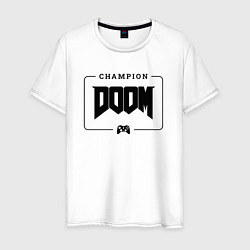 Футболка хлопковая мужская Doom gaming champion: рамка с лого и джойстиком, цвет: белый