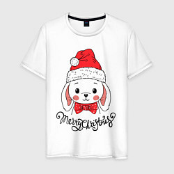 Футболка хлопковая мужская Merry Christmas, cute rabbit in Santa hat, цвет: белый