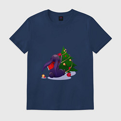 Футболка хлопковая мужская Черный кролик украшает ёлочку, цвет: тёмно-синий