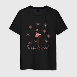 Футболка хлопковая мужская Розовый фламинго и розовые снежинки: скоро лето, цвет: черный