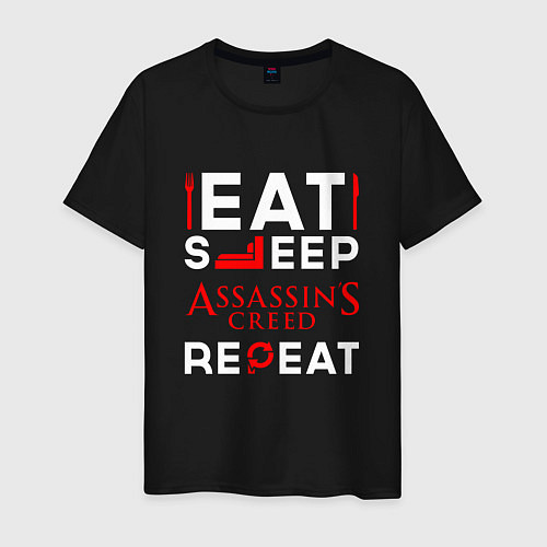 Мужская футболка Надпись eat sleep Assassins Creed repeat / Черный – фото 1