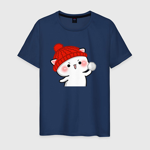 Мужская футболка Игра в снежки - белый котик / Тёмно-синий – фото 1