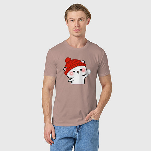 Мужская футболка Игра в снежки - белый котик / Пыльно-розовый – фото 3