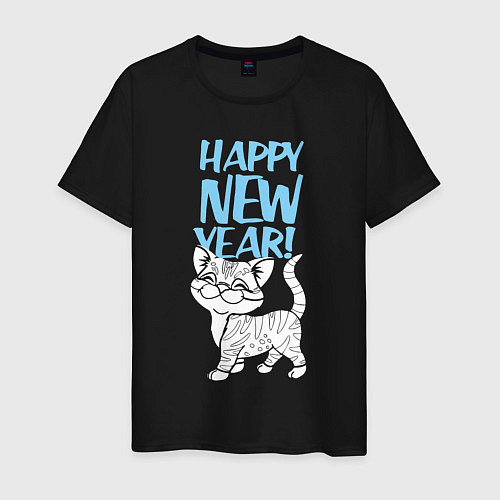 Мужская футболка Happy new year - kitten / Черный – фото 1