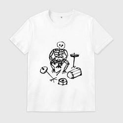 Футболка хлопковая мужская Скелет барабанщик, цвет: белый