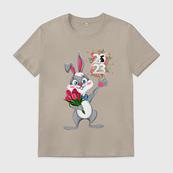Футболка хлопковая мужская Заяц с цветами 2023, цвет: миндальный
