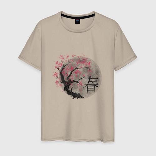 Мужская футболка Японская сакура рисунок карандашом / Миндальный – фото 1