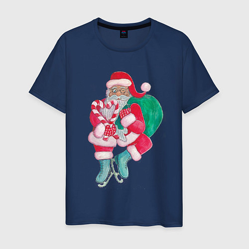 Мужская футболка Санта Клаус с мешком подарков на коньках / Тёмно-синий – фото 1