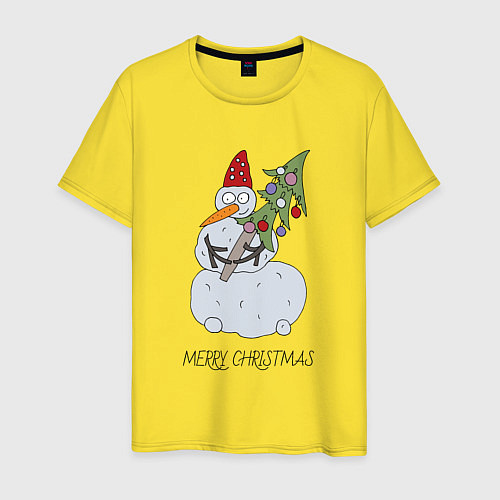 Мужская футболка Снеговик с новогодней ёлкой в Руках / Желтый – фото 1