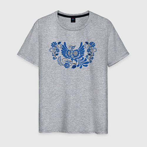 Мужская футболка Синяя птица в орнаменте гжель / Меланж – фото 1