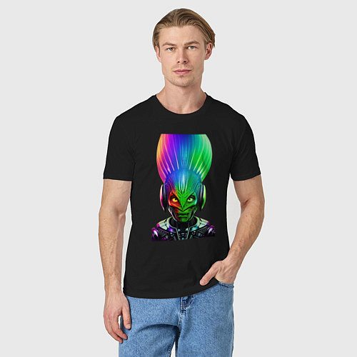 Мужская футболка Aggressive alien - neural network - neon glow / Черный – фото 3