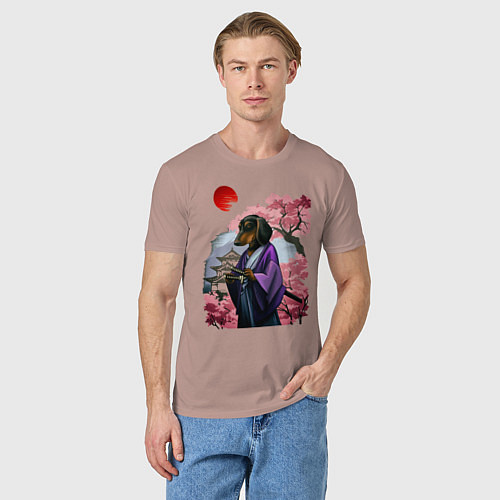 Мужская футболка Такса-Самурай весенняя на фоне сакуры / Пыльно-розовый – фото 3