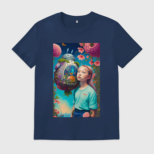 Мужская футболка Девочка и Тоторо - фантазия - нейросеть / Тёмно-синий – фото 1