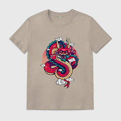 Футболка хлопковая мужская Парящий японский дракон, цвет: миндальный