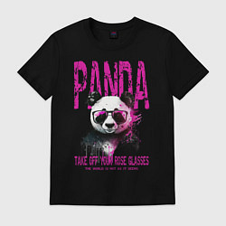 Футболка хлопковая мужская Панда и розовые очки, цвет: черный