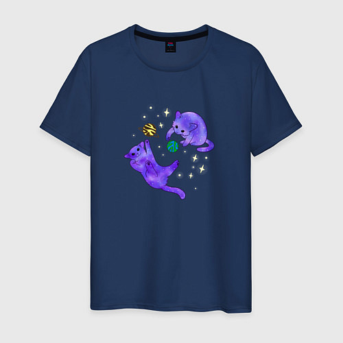 Мужская футболка Космические коты, играющие планетами / Тёмно-синий – фото 1