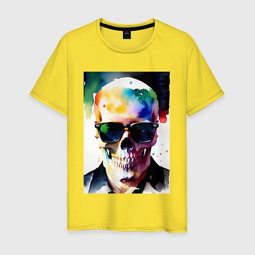 Мужская футболка Акварельный череп в очках / Желтый – фото 1