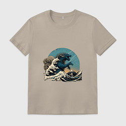 Футболка хлопковая мужская Годзилла в Большой волне у Канагавы, цвет: миндальный