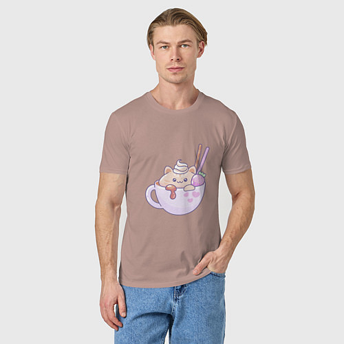 Мужская футболка Kawaii с милым котенком в кружке / Пыльно-розовый – фото 3