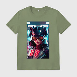 Футболка хлопковая мужская Девушка-кошка в очках - киберпанк, цвет: авокадо