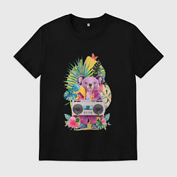 Футболка хлопковая мужская Розовая коала с бумбоксом и тропическими листьями, цвет: черный