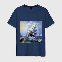 Футболка хлопковая мужская Корабль плывет по бушующему морю, цвет: тёмно-синий