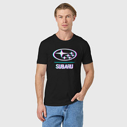 Футболка хлопковая мужская Значок Subaru в стиле glitch, цвет: черный — фото 2