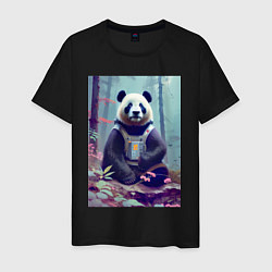 Футболка хлопковая мужская Панда в кибер-жилете - нейросеть, цвет: черный