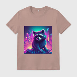 Футболка хлопковая мужская Енот на фоне неонового города, цвет: пыльно-розовый