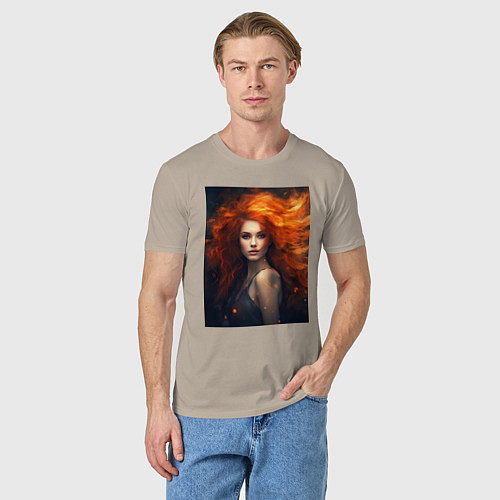 Мужская футболка Девушка с огненными волосами: создана нейросетью / Миндальный – фото 3